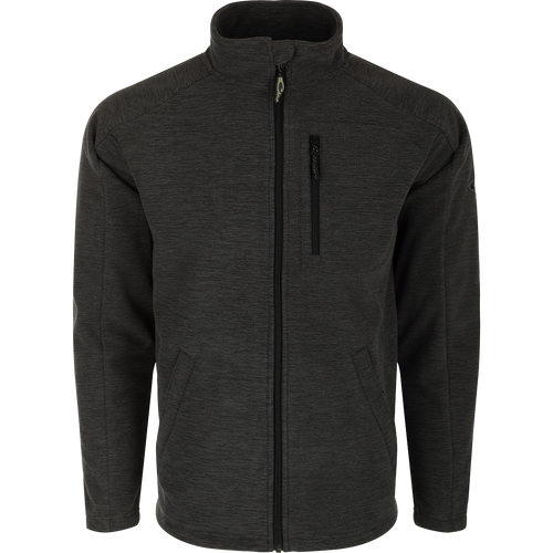 A black jacket with a zipper, featuring YKK zippered side slash pockets and a vertical YKK zippered left chest pocket. Stay warm and dry in this Heathered Windproof Full Zip from Drake Waterfowl.