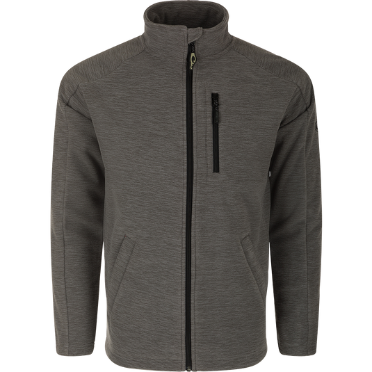 Heathered Windproof Full Zip jacket with convenient storage and style. Stay warm and dry with windproof laminate and comfortable polyester lining.
