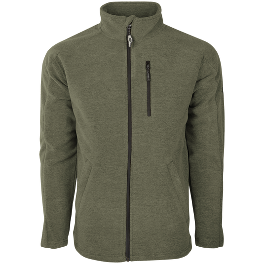 Heathered Windproof Full Zip jacket with YKK zippered pockets and polyester tricot lining. Stay warm and dry in this high-quality outerwear.