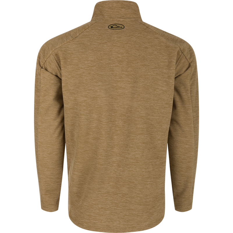 A brown jacket with a logo on it, made of 100% Polyester Micro Fleece. Features a windproof laminate inner shell and polyester tricot lining. Stay warm and stylish with the Heathered Windproof 1/4 Zip.
