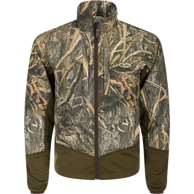 Alt text: LST Double Down Endurance Hybrid Liner camouflage jacket featuring synthetic down insulation, elastic cuffs, and zippered pockets.