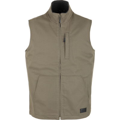 Mud brown Lifestyle Canvas Sherpa Lined Work Vest with a high collar, sherpa lining, a vertical chest pocket, and two front hand pockets, designed for reliable utility.