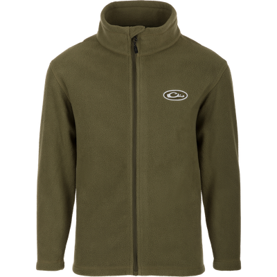 Youth Camp Fleece Full Zip jacket by Drake Waterfowl, featuring a green fleece design with a white logo. Made of 100% polyester, with anti-pill treatment, moisture-wicking, and convenient pockets.
