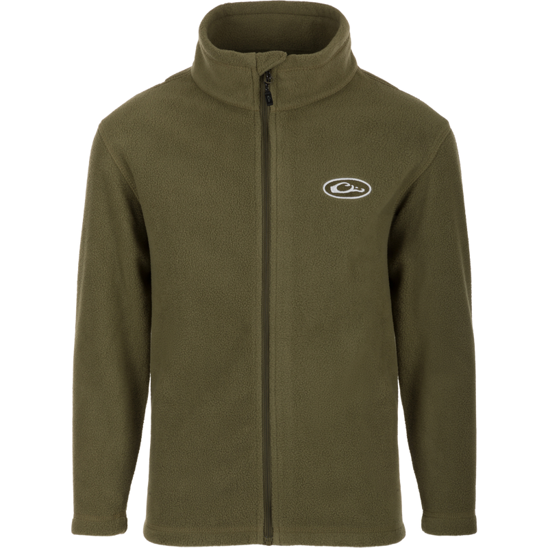 Youth Camp Fleece Full Zip jacket by Drake Waterfowl, featuring a green fleece design with a white logo. Made of 100% polyester, with anti-pill treatment, moisture-wicking, and convenient pockets.