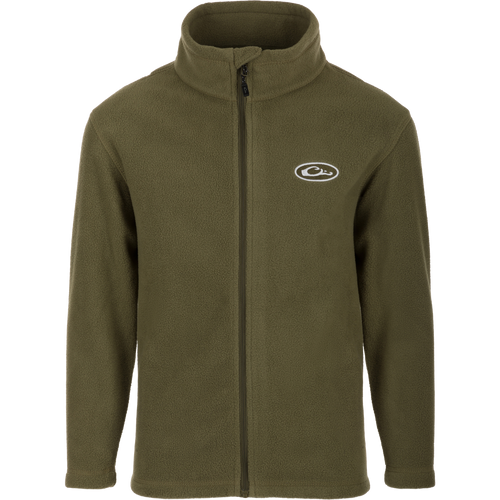 Youth Camp Fleece Full Zip jacket by Drake Waterfowl, featuring a green fleece design with a white logo. Made of 100% polyester, with anti-pill treatment, moisture-wicking, and convenient pockets.