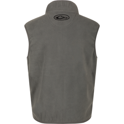 A grey Youth Camp Fleece Vest with logo, anti-pill treatment, moisture-wicking properties, Magnattach pocket, and zippered handwarmer pockets.