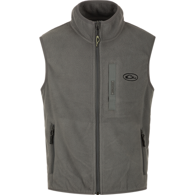 Youth Camp Fleece Vest with zipper and pockets, made from durable 100% Polyester and 210g Micro Fleece. Anti-pill treatment, moisture-wicking, and Magnattach pocket for secure storage.