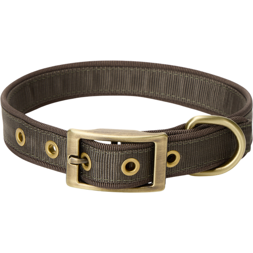 Team Gun Dog Adjustable Webbed Collar with brass-tone buckle and D-ring, featuring durable nylon webbing and zinc alloy clasp for reliable dog training and walking.