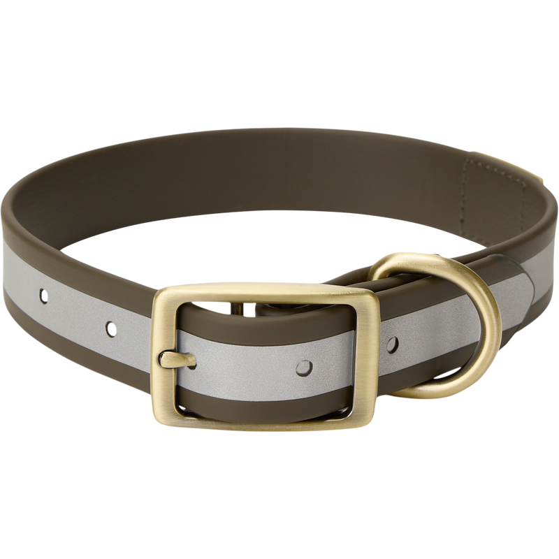 Team Gun Dog TPU Coated Adjustable Waterproof Collar featuring a reflective stripe, brass-tone buckle, and D-ring, designed for durability and ease of cleaning.