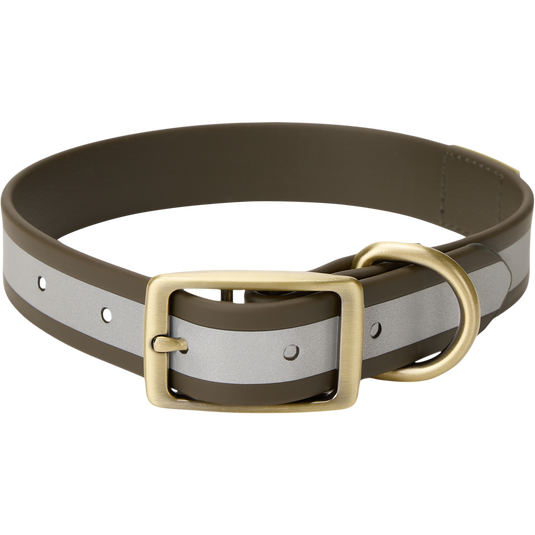Team Gun Dog TPU Coated Adjustable Waterproof Collar featuring a reflective stripe, brass-tone buckle, and D-ring, designed for durability and ease of cleaning.