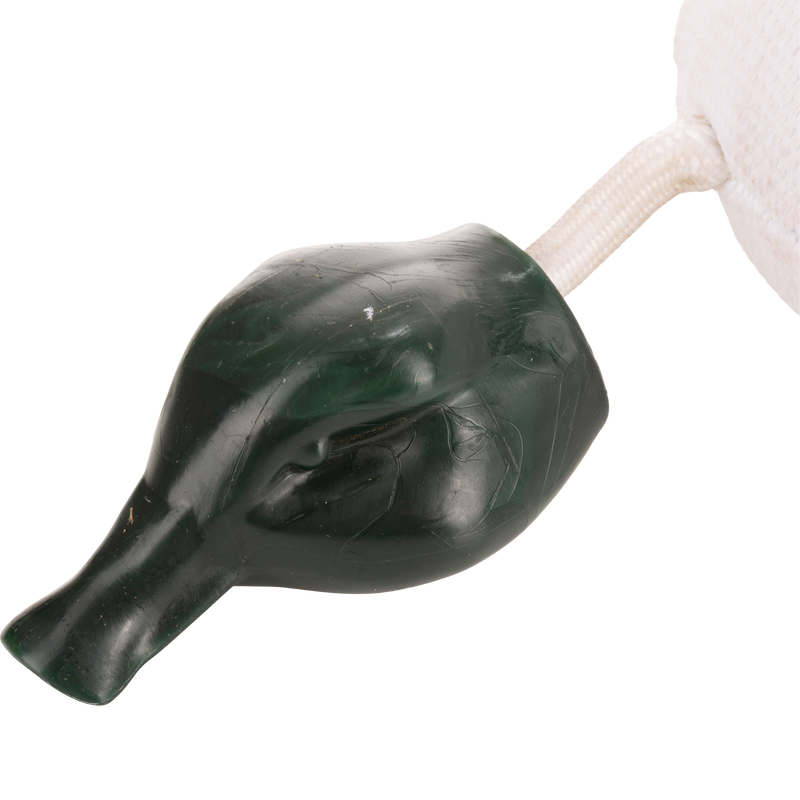 Team Gun Dog Firehose Duck Training Bumper with a dark green bulb and attached white pad, designed for durability and realistic hunting dog training.