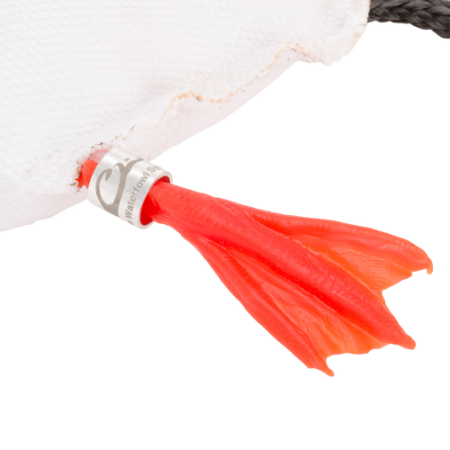 Team Gun Dog Firehose Duck Training Bumper in cotton pouch, showcasing its durable duck shape with molded head and feet, ideal for waterfowl hunting training.