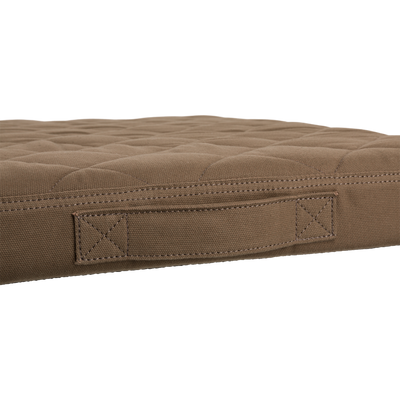 Quilted canvas dog bed with diamond-pattern stitching, featuring a reinforced handle for portability, ideal for outdoor-loving dogs. Water-resistant, memory foam core for comfort.