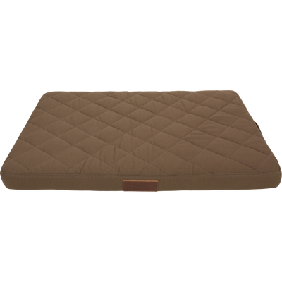 Team Gun Dog Landing Zone Quilted Canvas Dog Bed, featuring a diamond-stitched brown surface with a small DRAKE label, ideal for outdoor-loving pets.