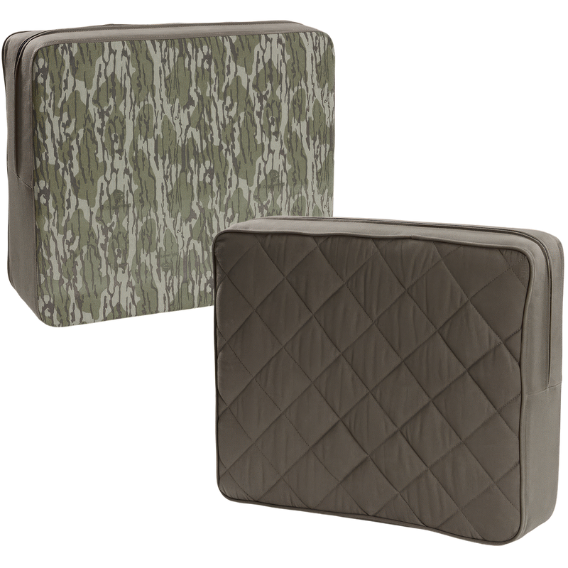 Team Gun Dog Landing Zone Premium Canvas Dog Couch with reversible cushions; one in camouflage, the other in olive-drab quilted material, showcasing durability for pets.