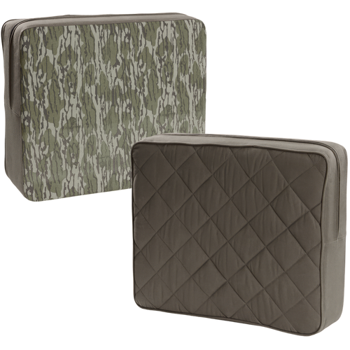 Team Gun Dog Landing Zone Premium Canvas Dog Couch with reversible cushions; one in camouflage, the other in olive-drab quilted material, showcasing durability for pets.