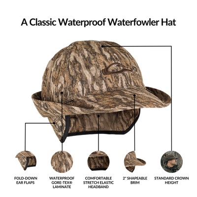 GORE-TEX® Jones Hat with waterproof design, 2 shapeable brim, fold-down ear flaps, and elastic headband, ideal for versatile waterfowl hunting use.