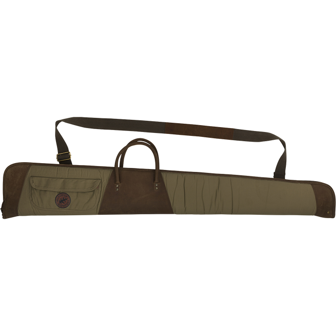 McAlister Leather & Waxed Canvas Shotgun Case: A rugged bag with top grain water buffalo leather, cotton padding, and brass hardware. Features include a choke tube pocket.