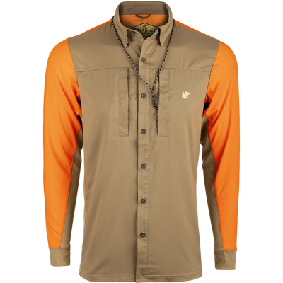 McAlister EST Performance Hybrid Upland Shirt featuring orange long sleeves, woven front, 4-way stretch mesh sides, and zippered chest pocket for versatile outdoor comfort.