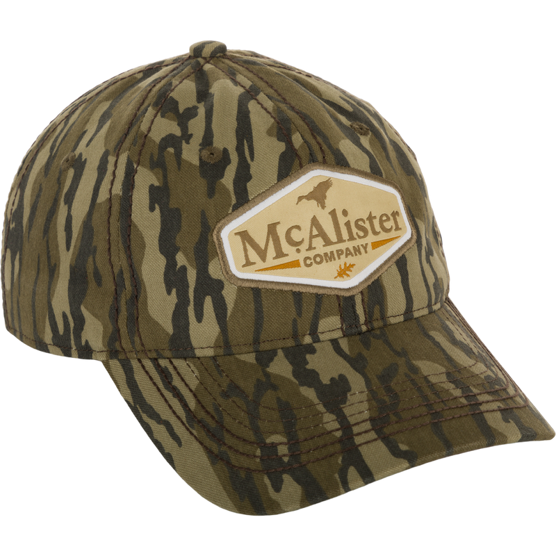 McAlister Waterfowl Patch Twill Cap with logo patch, unstructured low-profile 6-panel hat for outdoor activities or everyday wear.
