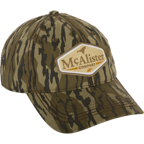 McAlister Waterfowl Patch Twill Cap with logo patch, unstructured low-profile 6-panel hat for outdoor activities or everyday wear.