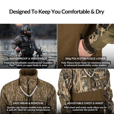 MST Guardian Flex Fleece Eqwader Quarter Zip Jacket showcased with Guardian Flex materials, ideal for outdoor activities, featuring reinforced elbow protection and multiple pockets for functionality.