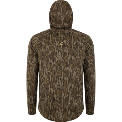 Back view of the Early Bird Gator Hoodie With Insect Repellent, showcasing Mossy Oak Bottomland camo pattern, hood, and logo. Ideal for warm-weather hunts.