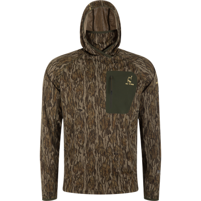 Early Bird Gator Hoodie With Insect Repellent, featuring a Mossy Oak camo pattern, zippered chest pocket, built-in facemask, and Ol' Tom logo, ideal for warm-weather hunts.