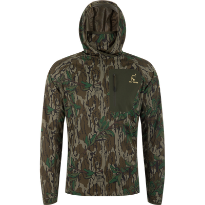 Early Bird Gator Hoodie with Insect Repellent, featuring camo pattern, built-in facemask, zip chest pocket, and ergonomic thumbholes, designed for warm-weather hunting comfort.