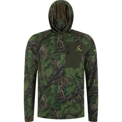 Early Bird Gator Hoodie With Insect Repellent in camo pattern, featuring a hood, built-in face drape, chest pocket, and thumbholes, ideal for hunting.