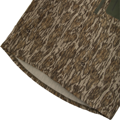 RTL - Half Zip Pullover with Spider Web Technology showing Mossy Oak Bottomland camo pattern, zippered pocket, and ergonomic thumbholes, ideal for turkey hunting.