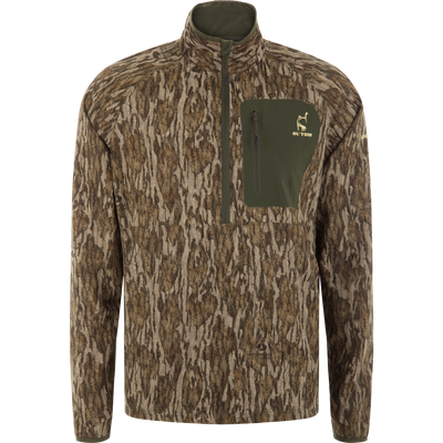 RTL - Half Zip Pullover with Spider Web Technology, featuring Mossy Oak Bottomland camo, reinforced chest pocket, ergonomic thumbholes, and water-resistant features for enhanced hunting performance.