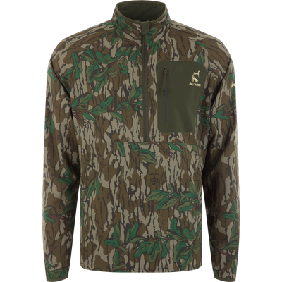 RTL - Half Zip Pullover with Spider Web Technology featuring camo pattern, chest pocket, ergonomic thumbholes, and durable water-resistant material for enhanced turkey hunting performance.