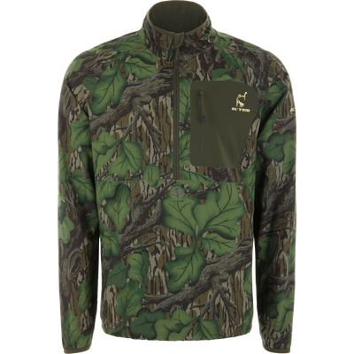 RTL - Half Zip Pullover with Spider Web Technology, featuring oak-leaf camo, zippered chest pocket, ergonomic thumbholes, and breathable stretch material, laid on a mannequin.
