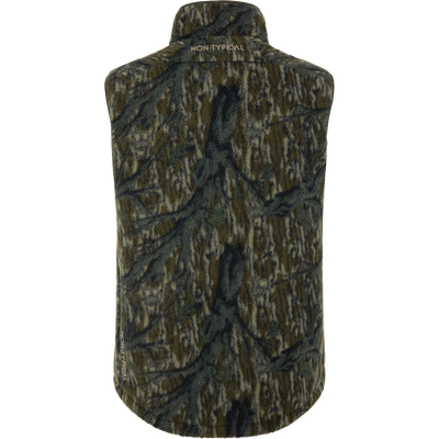 Back view of the Non-Typical Statix Sherpa Fleece Insulated Vest showcasing shaggy sherpa fleece and NON-TYPICAL branding on the collar, designed for hunting versatility.