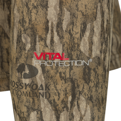 Early Bird Long Sleeve Performance Crew with Insect Repellent featuring a close-up of camouflage fabric, showcasing ergonomic thumbholes and breathable micro vent holes.