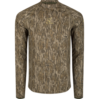 Early Bird Long Sleeve Performance Crew with Insect Repellent features a tree pattern, ergonomic thumbholes, and Vital Protection® technology for outdoor comfort.