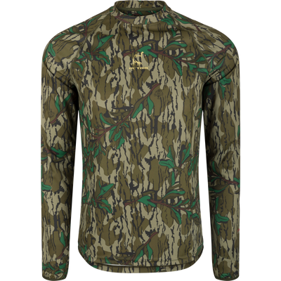 Early Bird Long Sleeve Performance Crew with Insect Repellent featuring camouflage pattern, ergonomic thumbholes, and breathable stretch fabric for outdoor protection and comfort.