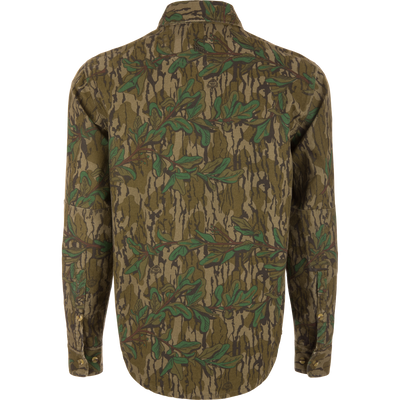 Back view of the Throwback 80 Button Down Field Shirt, showcasing durable 100% cotton twill fabric and reinforced forearms and elbows for outdoor use.