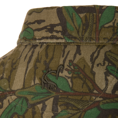 Throwback 80 Button Down Field Shirt in close-up, showcasing durable cotton twill fabric and reinforced stitching, ideal for outdoor adventures.