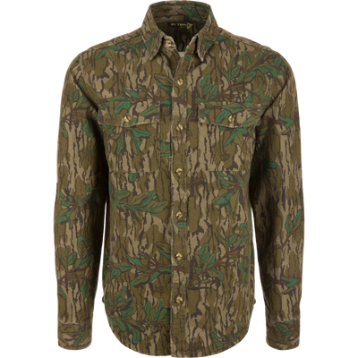 Throwback 80 Button Down Field Shirt featuring a camouflage pattern, long sleeves, durable triple-needle stitching, and reinforced elbows, made from 8.3oz 100% cotton twill.