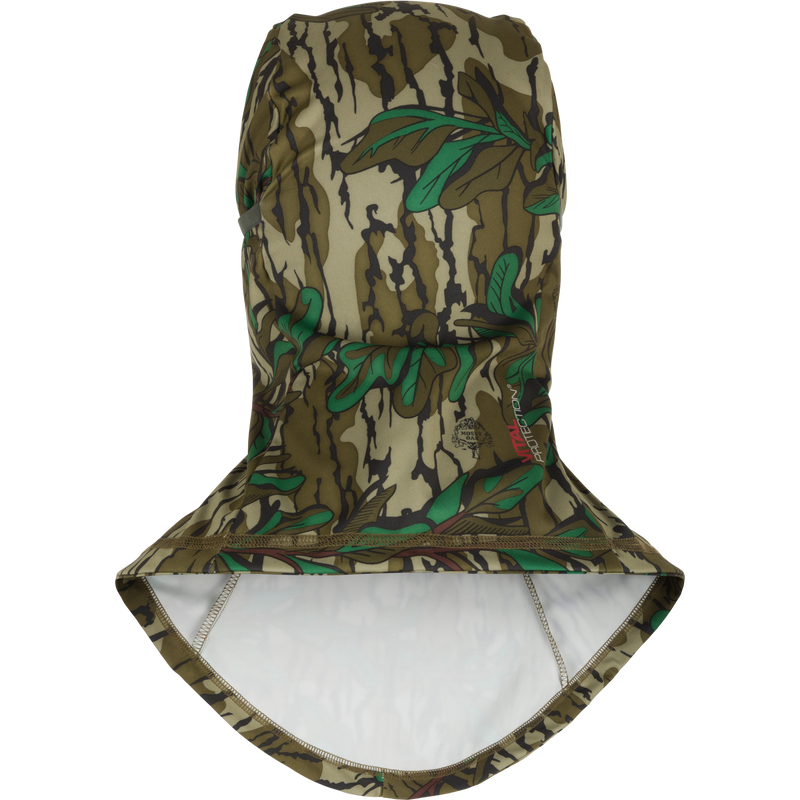 Camouflage hood with green accents on a white background