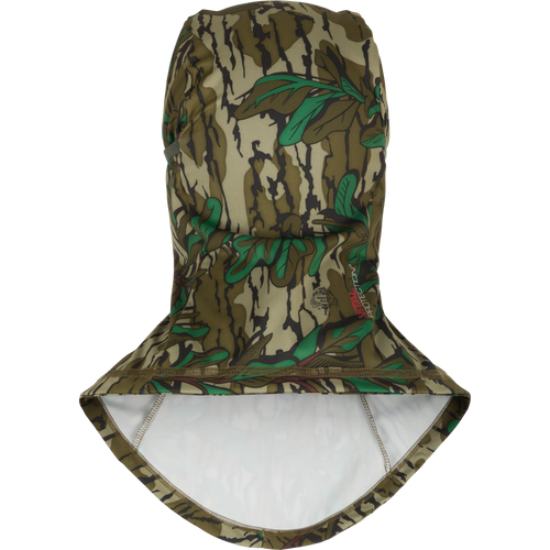 Camouflage hood with green accents on a white background