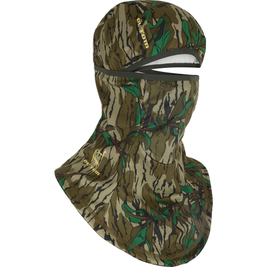 Ol’ Tom Early Bird Facemask with Insect Repellent, featuring a camo-patterned balaclava with an open eye port, wide neck covering, and UPF 50 protection.