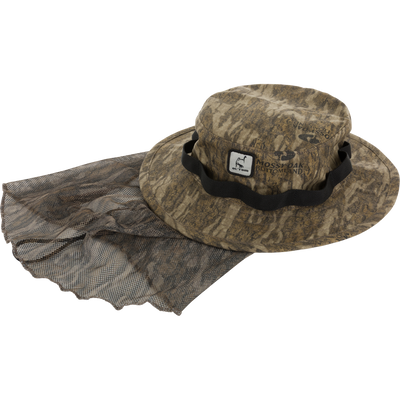 DUK Boonie Hat with Facemask in camo print, featuring built-in insect netting, adjustable chin strap, and 2 brim for optimal outdoor protection.