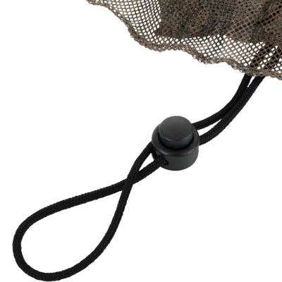 Close-up of the DUK Boonie Hat with Facemask, highlighting the mesh bag's drawstring closure and toggle, emphasizing adjustable fit and durable design for outdoor enthusiasts.