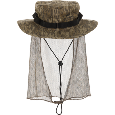 DUK Boonie Hat with Facemask featuring camo pattern, fine-mesh skirt, and adjustable chin cord, ideal for hunters seeking durable, breathable protection and comfort.