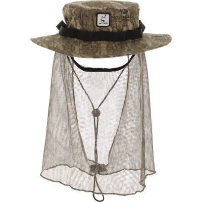 DUK Boonie Hat with Facemask featuring a camouflage design, integrated mesh face/neck net, adjustable drawstring, and 2 brim for hunting and outdoor activities.