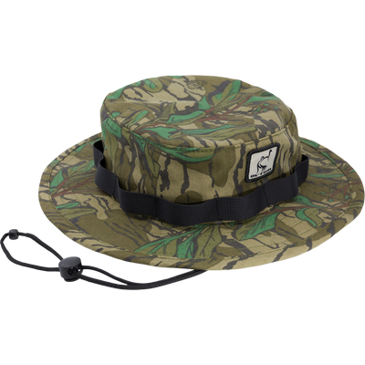 DUK Boonie Hat with camouflage design, adjustable drawstring, and full brim, crafted from durable cotton for outdoor activities.