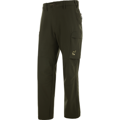 Ol' Tom Tech Stretch Turkey Pants with zip-up side pockets, thigh flap pocket, and articulated knees for comfort and flexibility in hunting activities.
